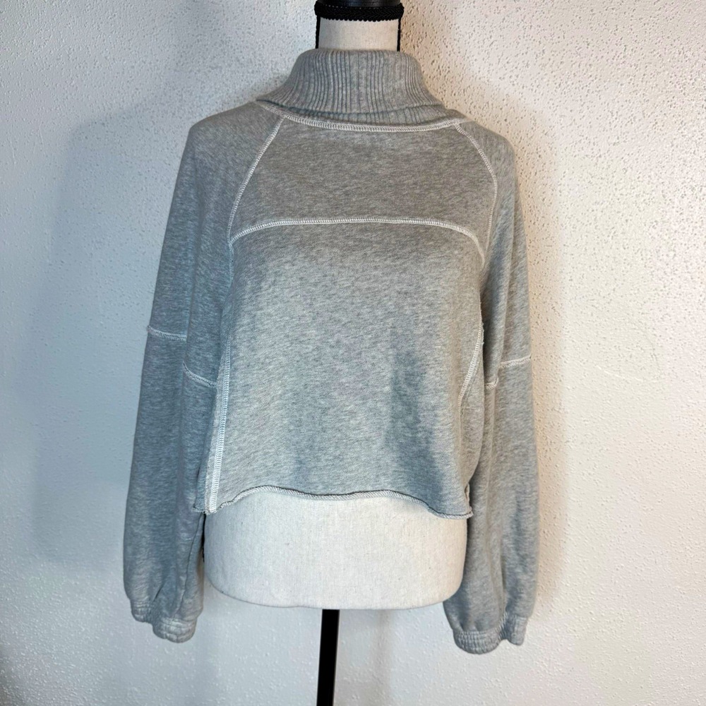 Aerie Women's Gray Mock Neck Pullover Sweatshirt Oversized Raw Hem, Small